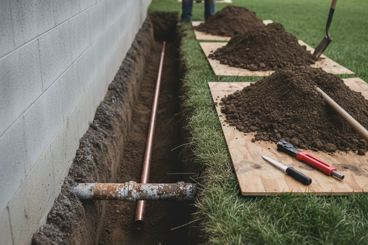 Excavated water line trench during Sewer Line Repair in Tolland